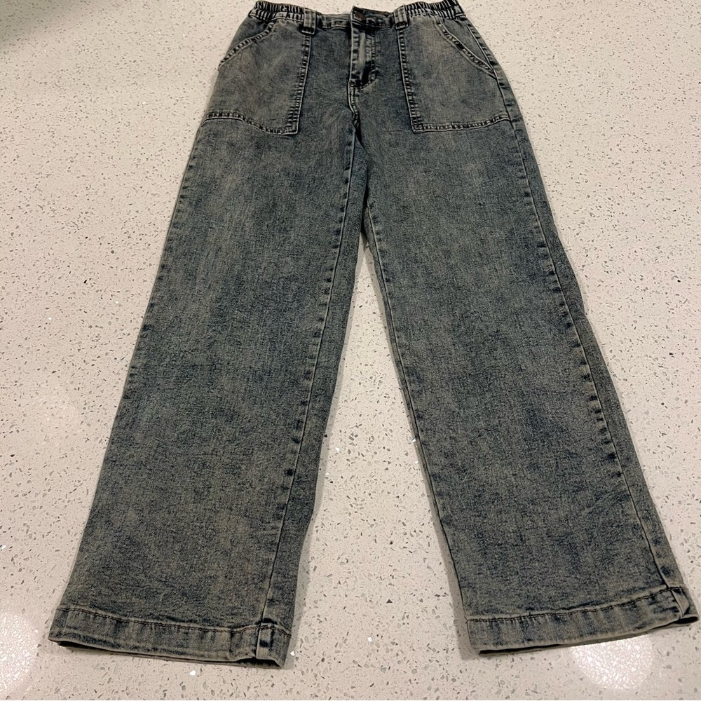 FLYING ANGEL Wide Leg Acid Wash Blue Elastic Waist Y2K 90s Jeans | Size 9/29